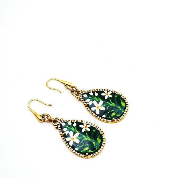 PATRICIA NASH Gold Plated Green & White Flowers Dangle Earrings - Picture 4 of 7